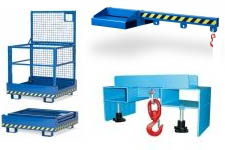 Stapler-Anbaugeräte: Fasskipper, Kippbehälter, Schaufeln, Schneeschieber sowie Arbeitsbühnen