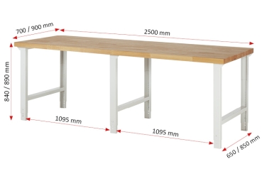 Preview: Werkbank höhenverstellbar 7000-1, B2500xT700xH790-1140mm