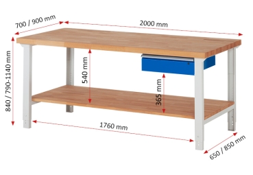 Werkbank höhenverstellbar 7001A7, B2000xT700xH790-1140mm, 1xSchublade-TA