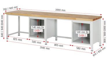 Werkbank höhenverstellbar 8162A1, B3000xT700xH840-1040mm, 8xSchublade-TA