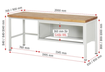 Werkbank höhenverstellbar 8327A1, B2000xT700xH840-1040mm, 3xSchublade-TA