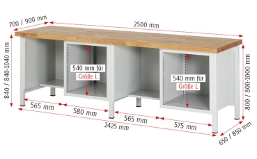 Werkbank höhenverstellbar 8452A2, B2500xT700xH840-1040mm, 6xSchublade-TA