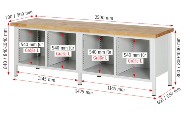 Werkbank höhenverstellbar 8470A2, B2500xT700xH840-1040mm, 8xSchublade-TA, 2xTür