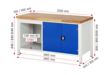 Werkbank höhenverstellbar 8905A2, B1500xT700xH840-1040mm, 4xSchublade-TA, 1xTür