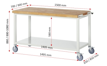 Preview: Fahrbare Werkbank 8000, B1500xT700xH880mm, Ablageboden Metall