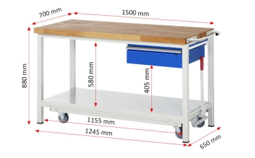 Werkbank mit Fahrgestell 8001, B1500xT700xH880mm, 1xSchublade-TA