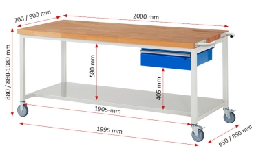 Preview: Fahrbare Werkbank 8001, B2000xT700xH880mm, Ablageboden-MT, 1xSchublade-TA