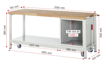 Werkbank mit Fahrgestell 8162, B2000xT700xH880mm, 4xSchublade-TA