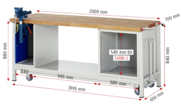 Werkbank mit Fahrgestell 8183, B2000xT700xH880mm, 3xSchublade-TA, 1xSSK