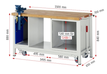 Werkbank mit Fahrgestell 8185, B1500xT700xH880mm, 4xSchublade-TA, 1xSSK