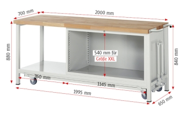 Werkbank mit Fahrgestell 8357, B2000xT700xH880mm, 3xSchublade-TA