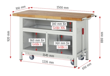 Werkbank mit Fahrgestell 8921, B1500xT700xH920mm, 7xSchublade-TA