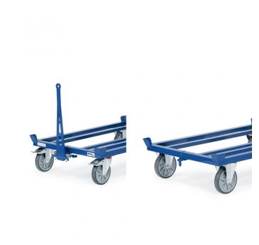 Deichsel und Kupplungszapfen für Palettenfahrgstelle, Deichsel stellt sich mittels Torsionsfedern selbsttätig in senkrechte Ruheposition