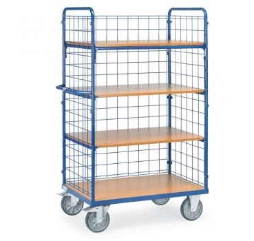 Etagenwagen mit Böden 600 kg, mit 4 Böden aus Holz und 3 Drahtgitterwänden