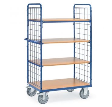 Etagenwagen mit Böden 600 kg, mit 4 Böden aus Holz und 2 Drahtgitterwänden