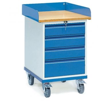 Rollschrank 150 kg, Ladefläche 650 x 550 mm, mit Umrandung und 4 Schubladen