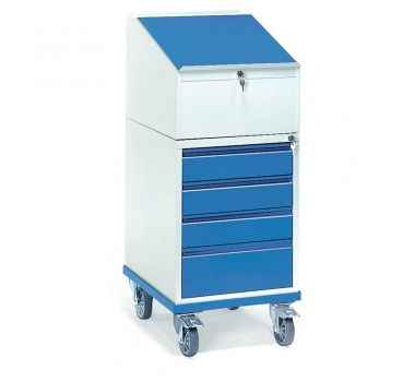 Rollpult 150 kg, mit 4 Schubladen und Schreibpult-Aufsatz