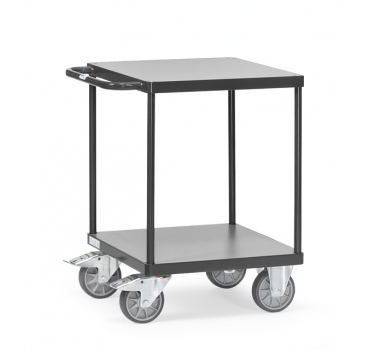 Schwerer Tischwagen in Anthrazitgrau (RAL 7016) 500 kg, Ladefläche 600x600 mm, mit 2 Böden