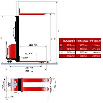 Preview: Halbelektrischer Stapler 1104015EHS25 - Abmessungen
