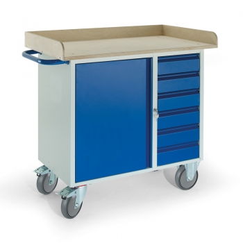 Fahrbarer Werkstattwagen mit Holzrand, Tragkr. 400kg, Ladefl. 1000x600mm, 6 Schubladen, Stahlschrank