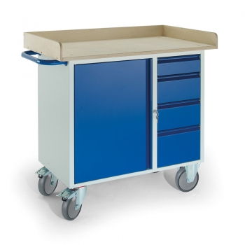 fahrbarer Werkstattwagen 4 Schubladen 1 Stahlschrank Holzrand