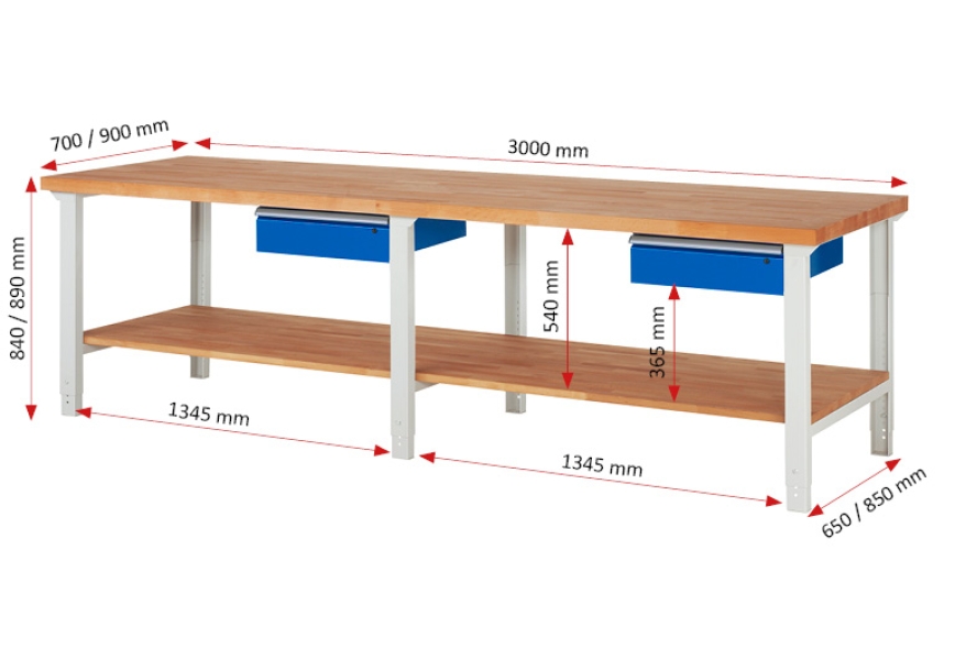 Werkbank höhenverstellbar 7001A7, B3000xT700xH790-1140mm, 2xSchublade-TA