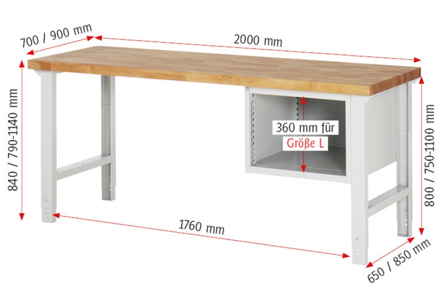 Werkbank höhenverstellbar 7123A1, B2000xT700xH790-1140mm, 2xSchublade-TA