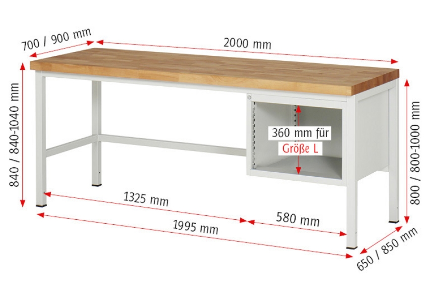 Werkbank höhenverstellbar 8125A1, B2000xT700xH840-1040mm, 2xSchublade-TA