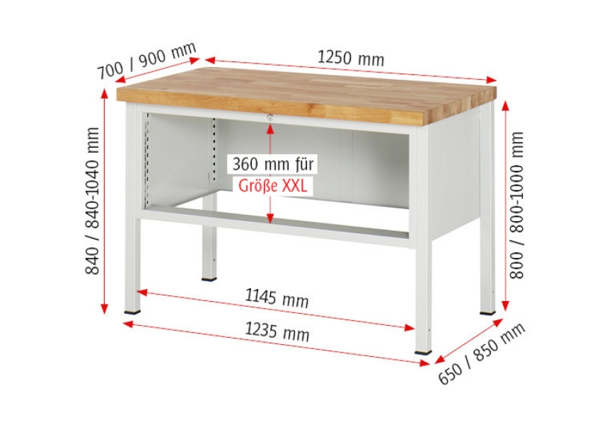 Werkbank höhenverstellbar 8327A2, B1250xT700xH840-1040mm, 3xSchublade-TA