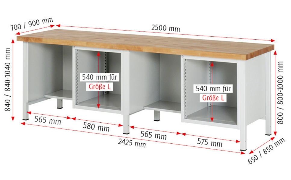 Werkbank höhenverstellbar 8453A2, B2500xT700xH840-1040mm, 8xSchublade-TA