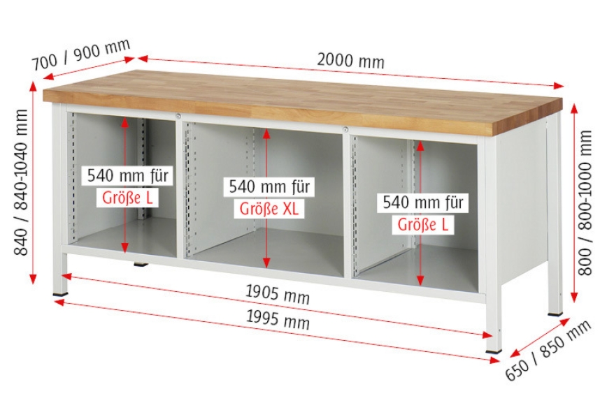 Werkbank höhenverstellbar 8752A2, B2000xT700xH840-1040mm, 4xSchublade-TA, 2xTür