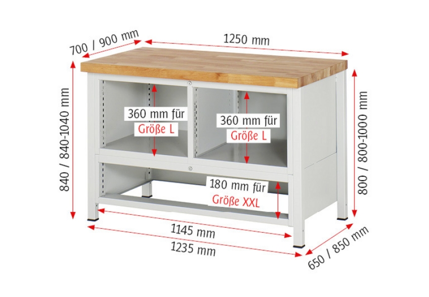 Werkbank höhenverstellbar 8931A2, B1250xT700xH840-1040mm, 7xSchublade-TA