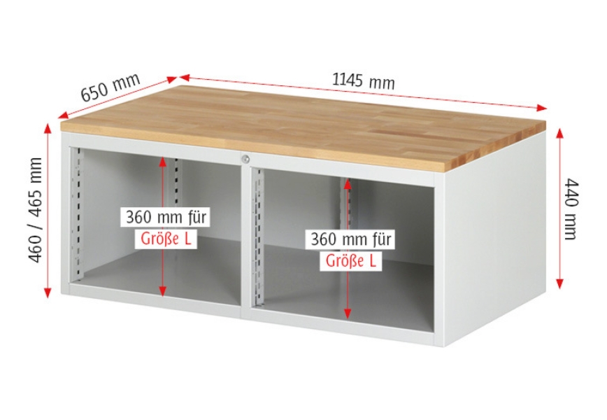 Schubladenschrank LL2.0.12, B1145xT650xH465mm, B-Top-25mm, 2xSchublade-TA, 1xTür