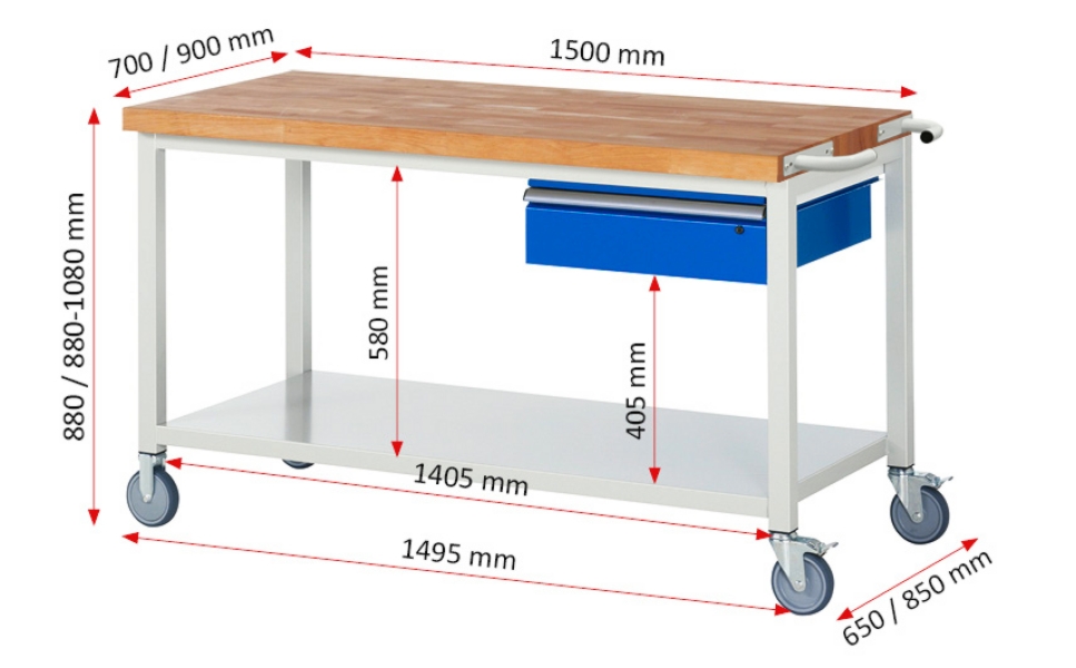 Fahrbare Werkbank 8001, B1500xT700xH880mm, Ablageboden-MT, 1xSchublade-TA