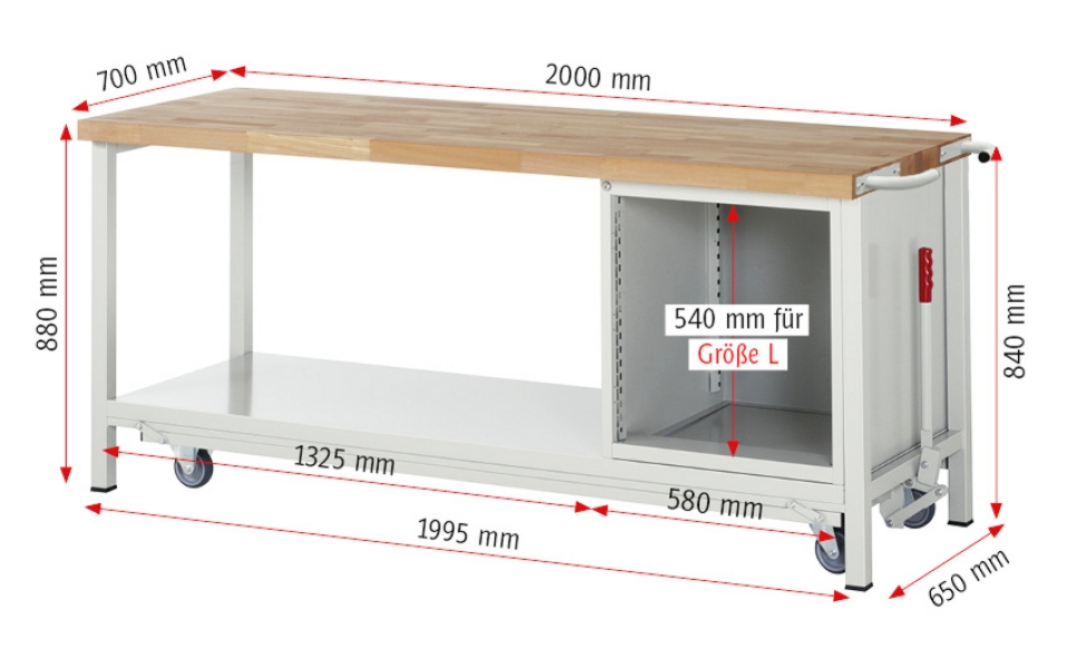 Werkbank mit Fahrgestell 8157, B2000xT700xH880mm, 3xSchublade-TA