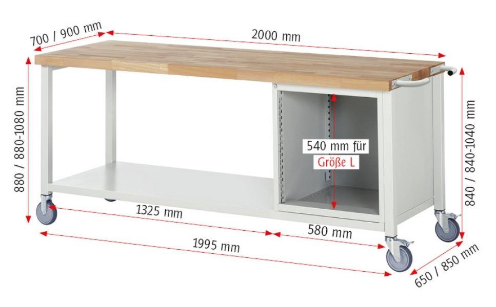 Fahrbare Werkbank 8157, B2000xT700xH880mm, 3xSchublade-TA