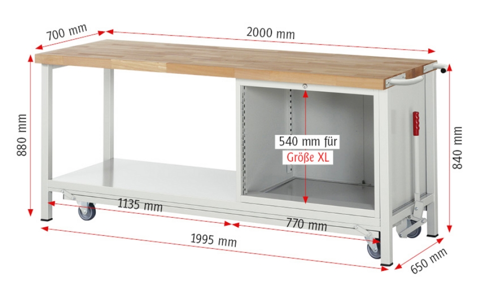 Werkbank mit Fahrgestell 8257, B2000xT700xH880mm, 3xSchublade-TA