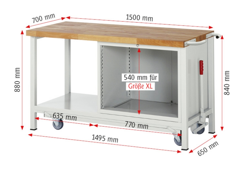 Werkbank mit Fahrgestell 8262, B1500xT700xH880mm, 4xSchublade-TA