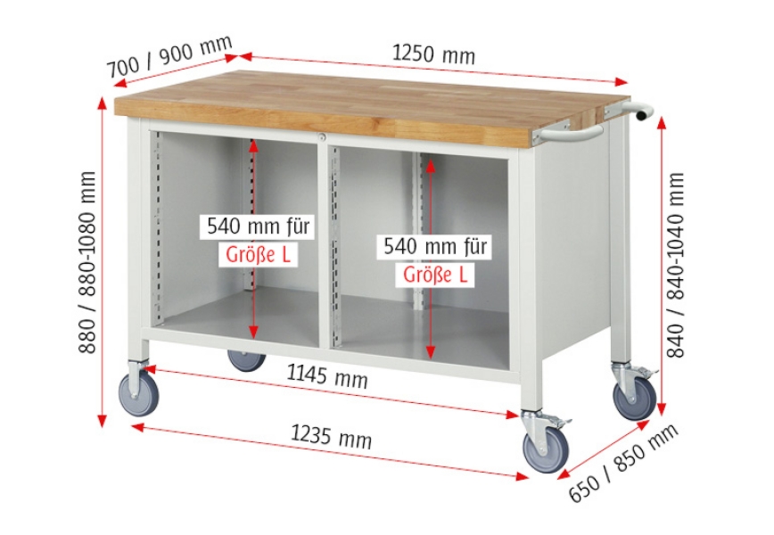 Fahrbare Werkbank 8477, B1250xT700xH880mm, 8xSchublade-TA