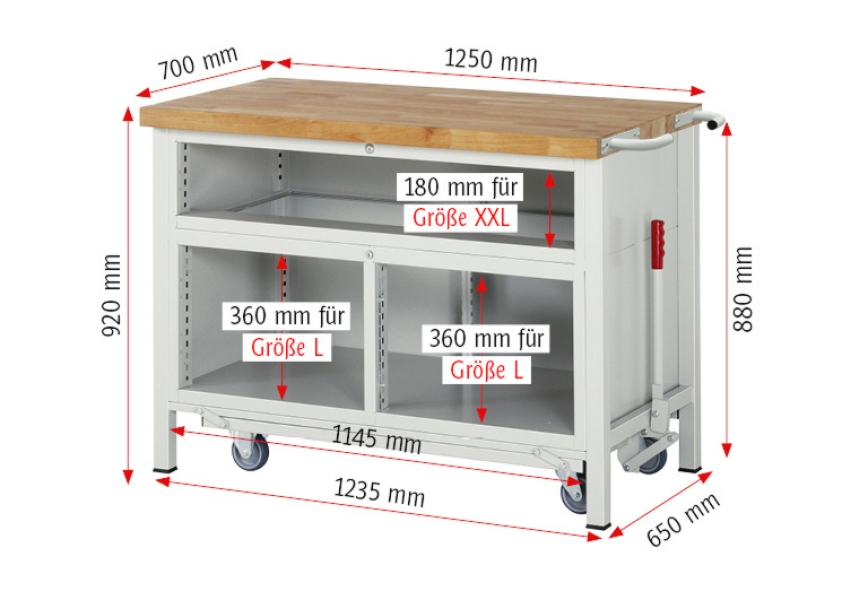 Werkbank mit Fahrgestell 8921, B1250xT700xH920mm, 7xSchublade-TA
