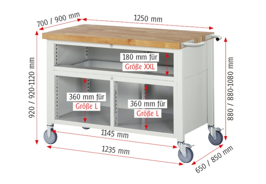 Fahrbare Werkbank 8922, B1250xT700xH920mm, 5xSchublade-TA, 1xTür