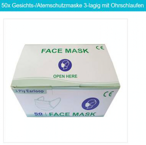50 Stück Gesichts-/Atemschutzmaske 3-lagig mit Ohrschlaufen