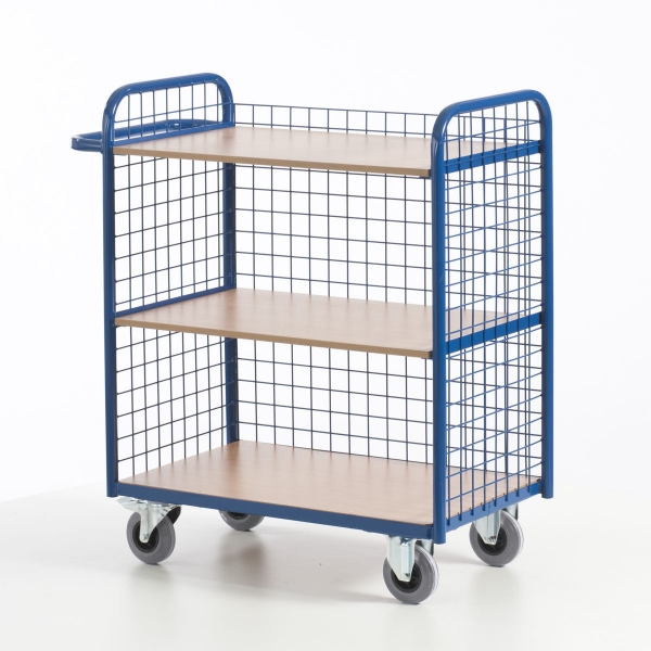 Etagenwagen mit 3 Ladeflächen und 3 Gitterwänden, 150 kg Tragkraft, 800x490 mm LxB