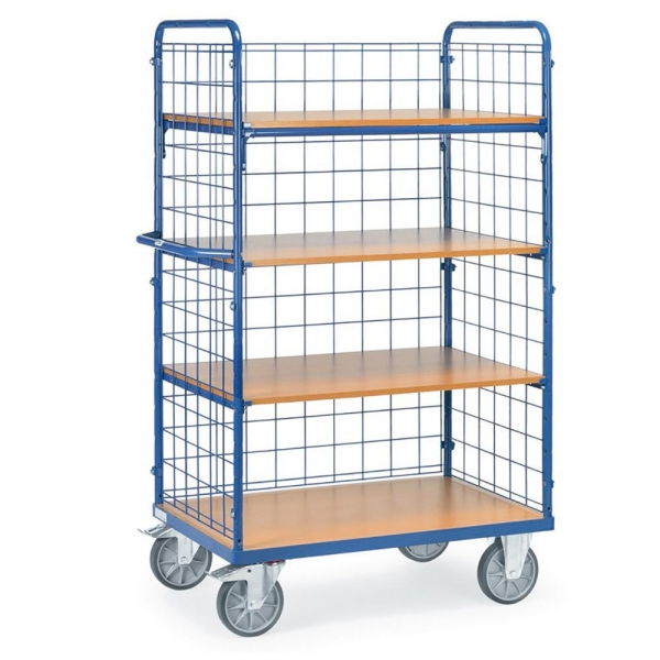 Etagenwagen mit Böden 600 kg, mit 4 Böden aus Holz und 3 Drahtgitterwänden