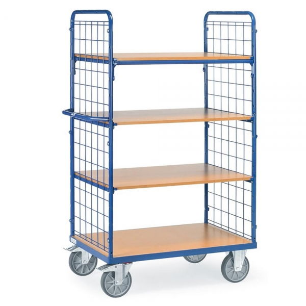 Etagenwagen mit Böden 600 kg, mit 4 Böden aus Holz und 2 Drahtgitterwänden