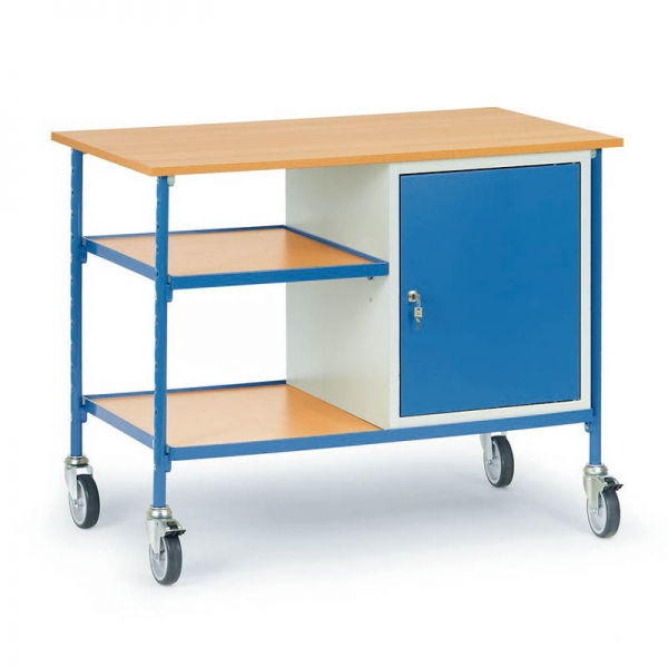 Rolltisch 150 kg, mit 2 Böden aus Holz und 1 Stahlschrank