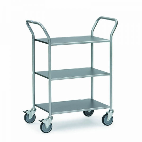 Fetra Edelstahl-Servierwagen mit 3 festen Böden, 150 kg, Ladeflächen LxB 665x450 mm