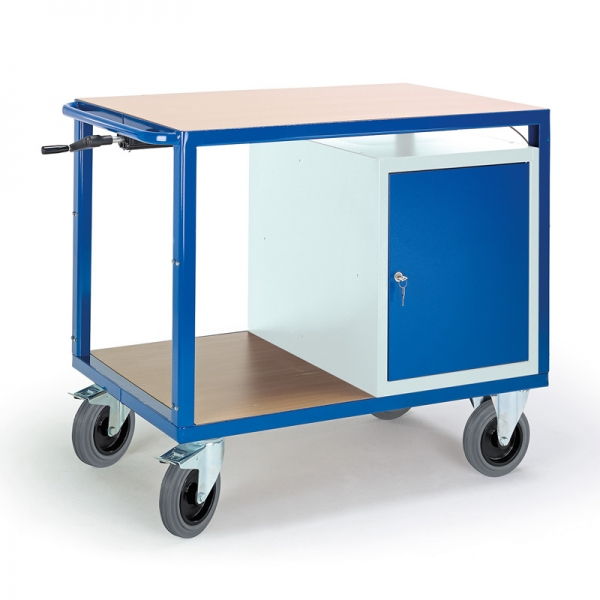 Höhenverstellbarer Tischwagen m. Stahlschrank