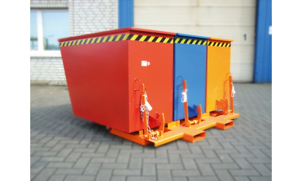 Kippbehälter Typ Trio, 1500 kg Traglast, Inhalt 3x0,6cbm, BxTxH 1850x1560x1010mm