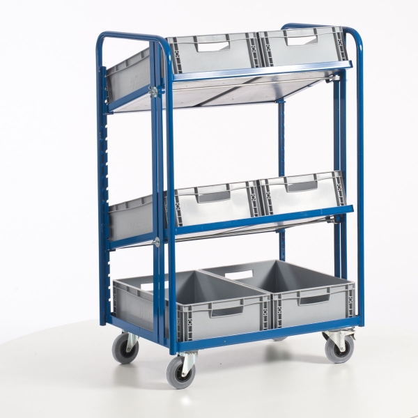 Kommissionierwagen für Euronorm-Kästen mit Kästen, 200 kg Tragkraft, 820x620 mm LxB